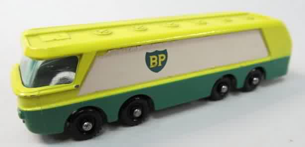 BP PETROL TANKER green and yellow with white background black plastic 