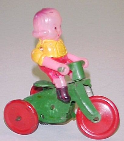 CLASSIC WIND-UP   TIN TOY MAN ON TRIKE & LADY WITH CAT 